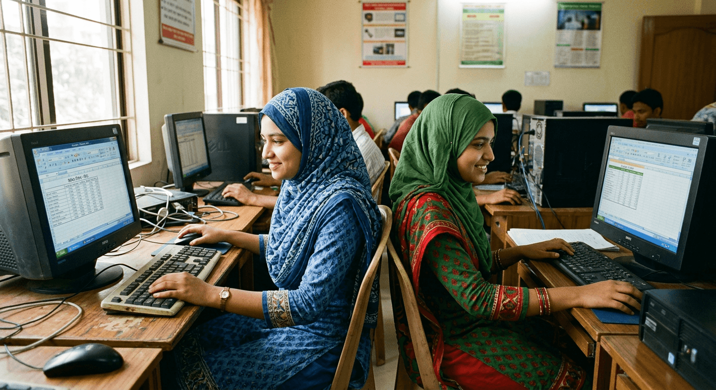 কম্পিউটারে Excel অনুশীলন করছেন নারী শিক্ষার্থীরা